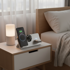 3-in-1 magnetic wireless charging station on a modern nightstand charging iPhone, Apple Watch, and AirPods