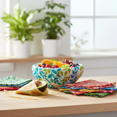 Colorful beeswax reusable food wraps being used in a bright modern kitchen